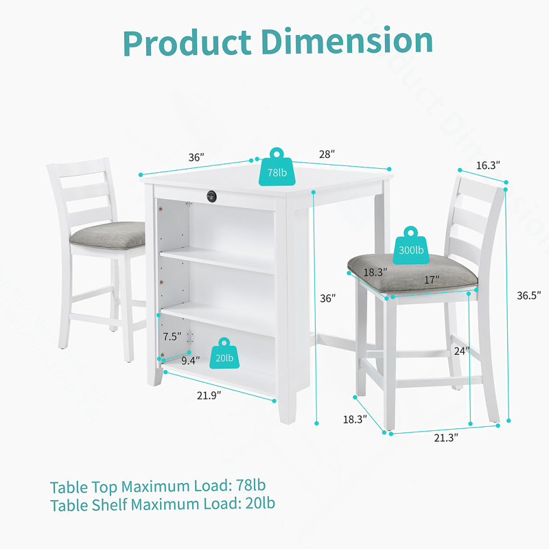 Ensemble de table de salle à manger moderne pour 2 avec station de charge et rangement réglable à 3 niveaux | Ensemble de cuisine peu encombrant avec chaises rembourrées pour petits espaces, appartement
