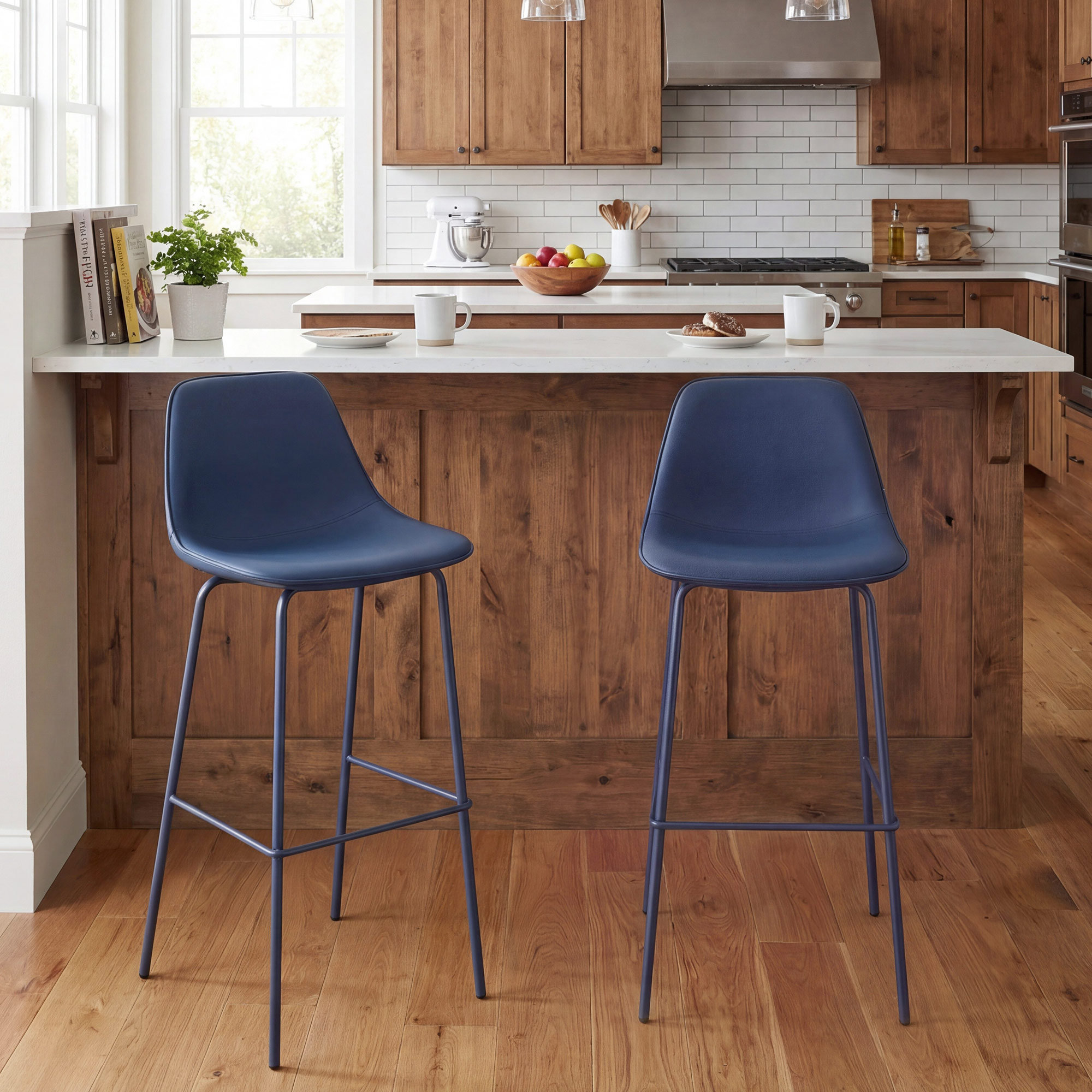Kavi Upholstered Barstools, Navy Faux Leather, Bar Stool (30" Seat Height)