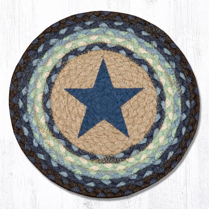 Round Jute Trivet 10"x10" – Blue Star Print with Braided Natural Fiber Design