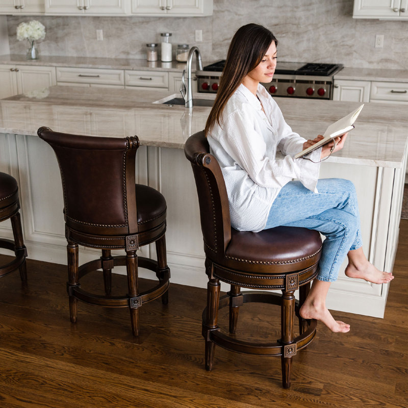 Weathered Oak Swivel Counter Stool with Vegan Leather Upholstery