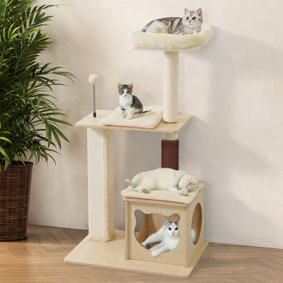 Arbre à chat de 42 pouces à plusieurs niveaux avec grotte et perchoir supérieur, tour de chat en bois pour chats d'intérieur avec chatouillis de toilettage, poteaux à griffer, coussin amovible, boules interactives