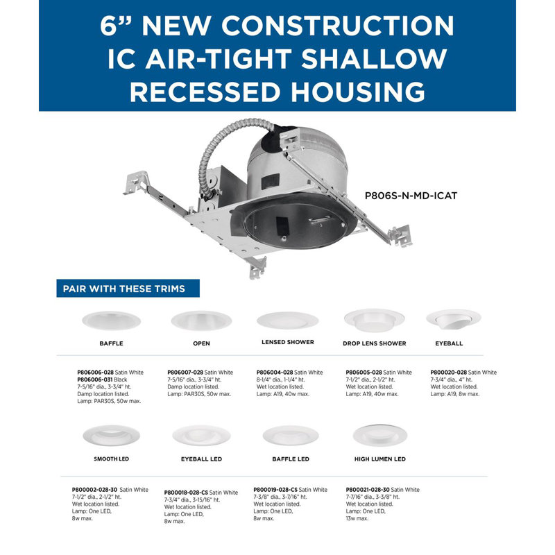 Steel 6" Recessed Shallow New Construction Housing with Air-Tight IC