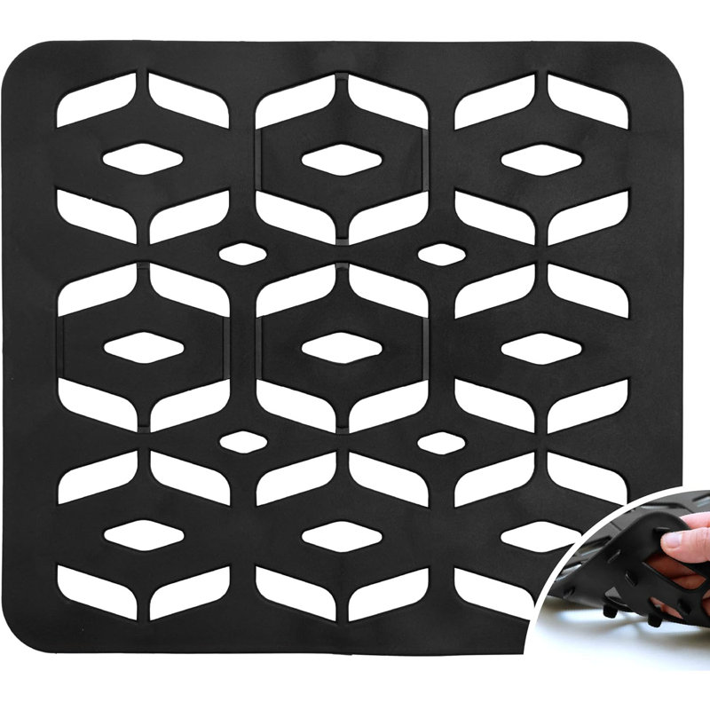 Kitchen Sink Mat, Cut to Fit Drain Hole, Raised Design for Water Flow, Black, 12.8 Inches x 11.3 Inches