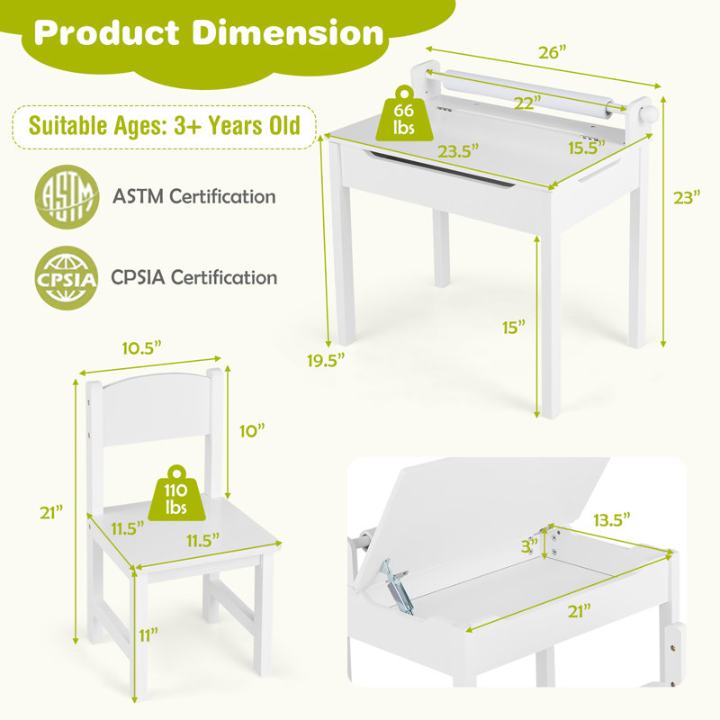 Kids 2 Piece Rectangular Arts And Crafts Table and Chair Set, White
