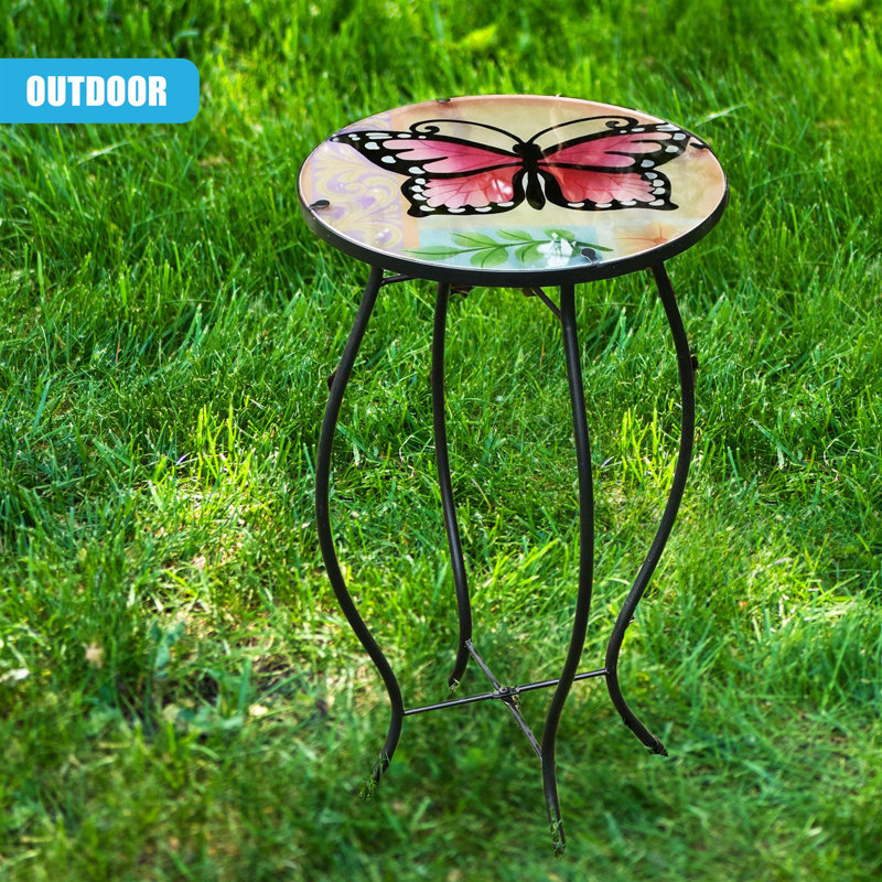 Mosaic Garden Table Weatherproof Glass & Iron, Small Round Outdoor Patio Coffee Versatile Bistro Side Table Plant Stand for Home & Gift, 30.5 cm, Garden Tables Only
