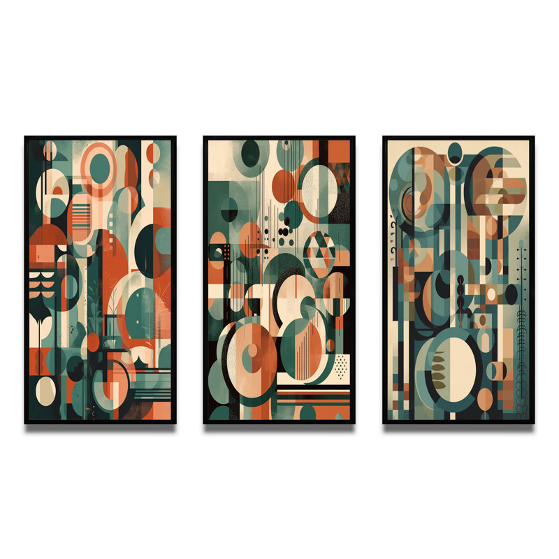 «Mid Century Artistic Transformations», 3 pièces sur toile, H 40 po x l 60 po, Cadre flottant noir