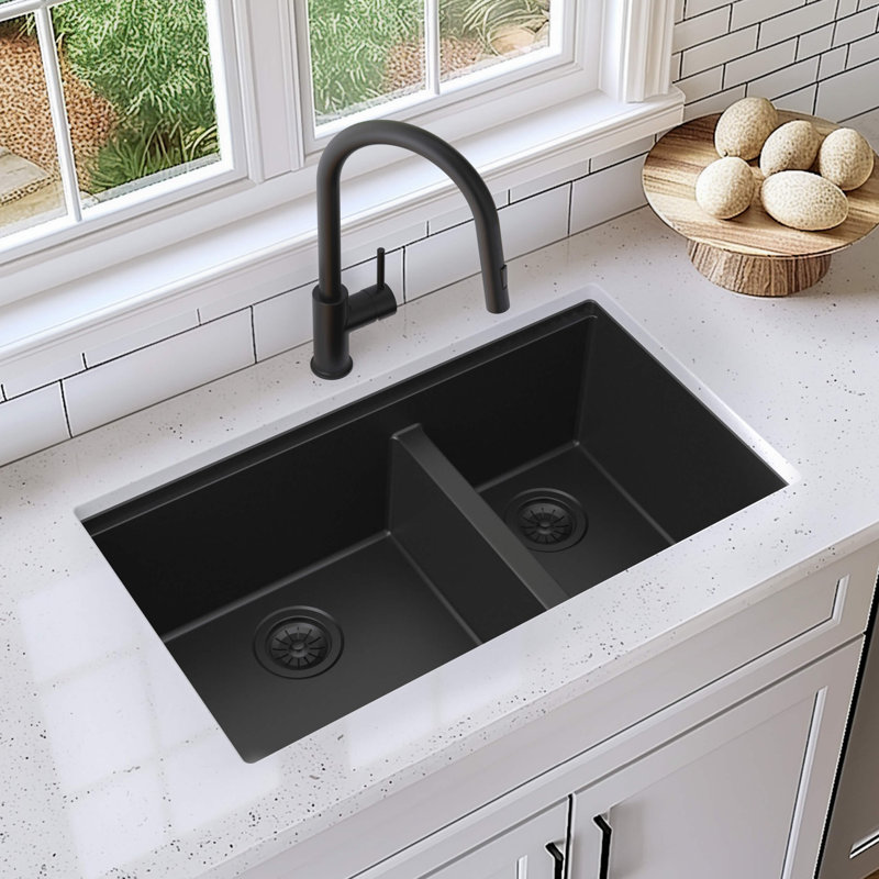 KIBI 33'' L Undermount Double Bowl Quartz Composite Kitchen Sink ...