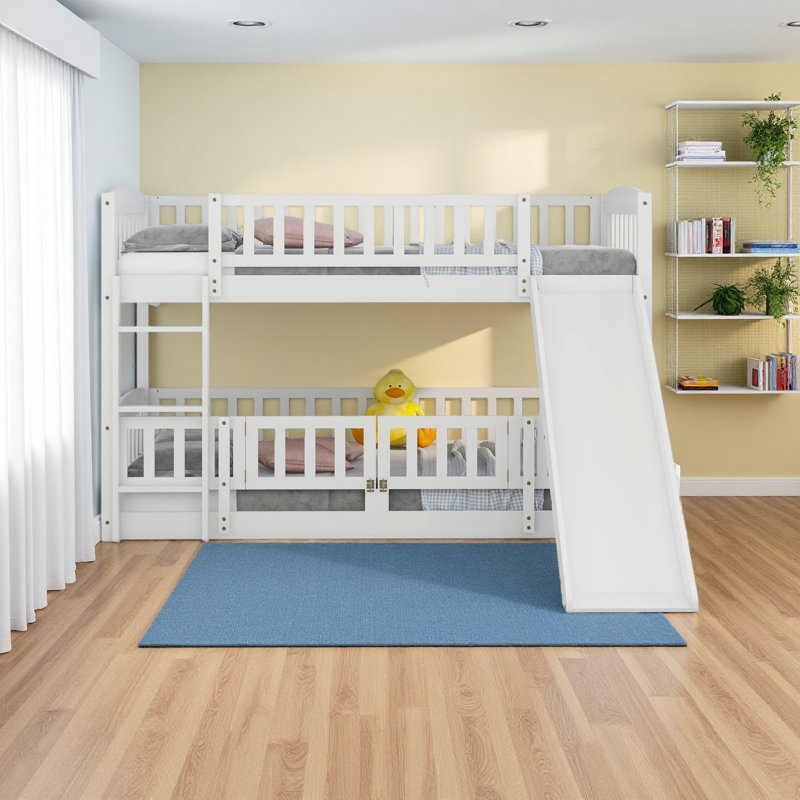 Lit superposé avec glissade, lit superposé simple au-dessus de simple avec clôture et échelle pour enfants adolescents, Blanc