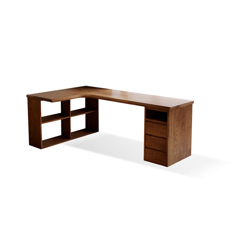 Bureau en bois massif en forme de L brun noyer avec 3 tiroirs, H 29,53 po x l 62,99 po x P 47,24 po, Retour à gauche