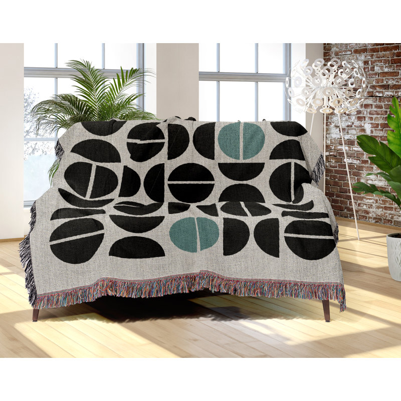 Barro Abstract Cotton Blend Blanket Throw, Teal/Black/Off-White, 60" L x 60" W