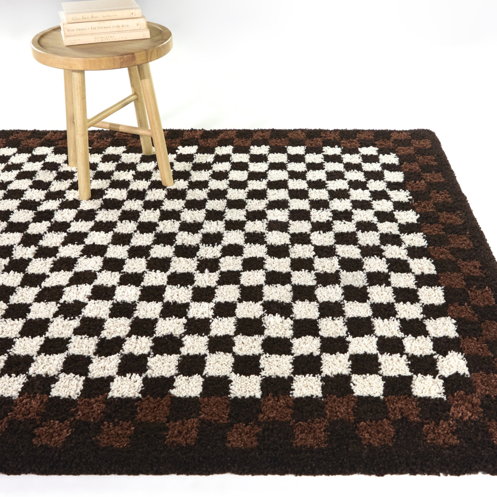 Joshuah Brown Cream Checkered Shag Rug, Rectangle 7'10" x 10'