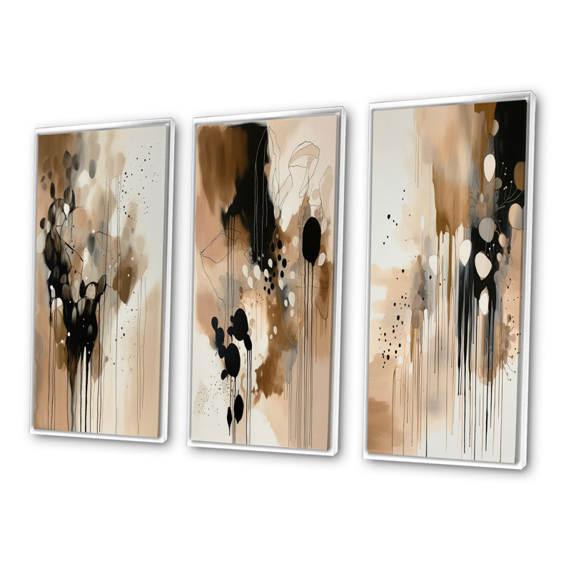 3 Pieces on Canvas - Brown Mindful Abstraction, White Floater Framed, 20" H x 36" W
