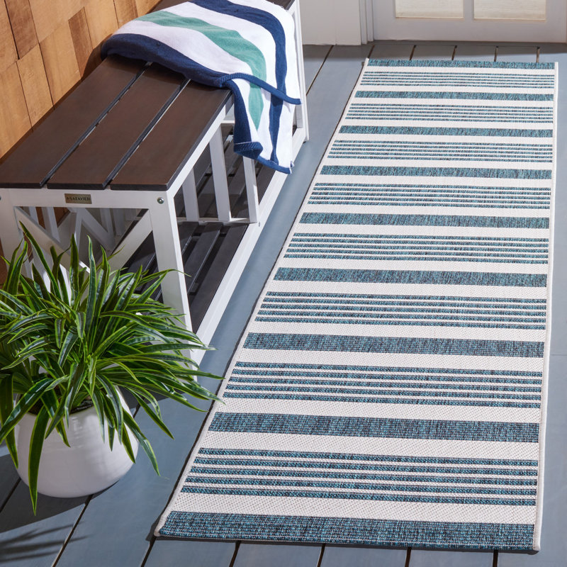 Huson Striped Teal Indoor/Outdoor Area Rug, Runner 2'3" x 8'