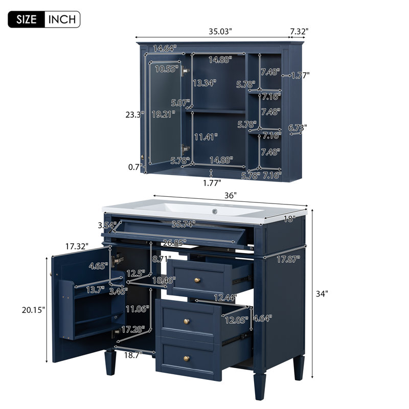  Meuble-lavabo 36 po avec lavabo et miroir, armoire de rangement avec tiroirs et tablettes ouvertes, bleu, Bleu