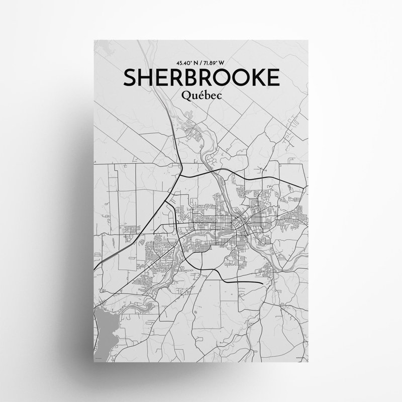 Sherbrooke, carte de la ville, impression, H 36 po x l 24 po, Gris / blanc