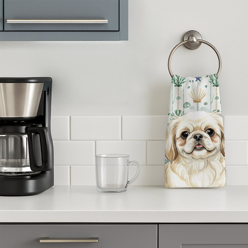 Cream Pekingese Coastal Sea Glass Kitchen Towel, Cream Pekingese