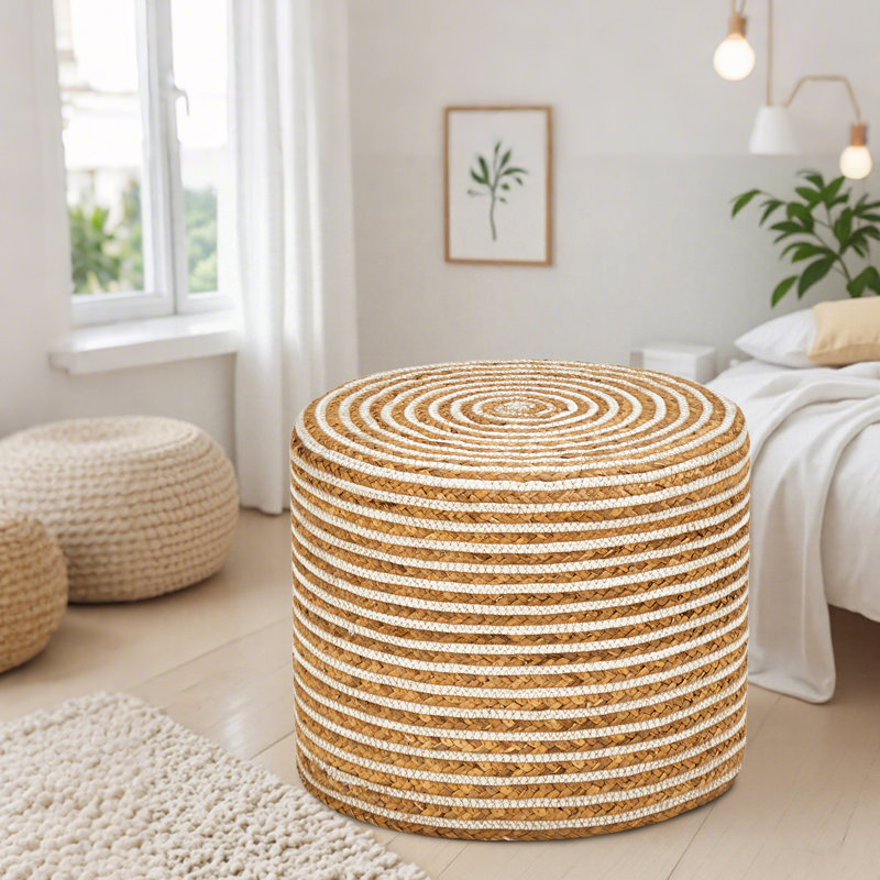 Onaway Upholstered Pouf, Natural Water Hyacinth + White Cotton Rope