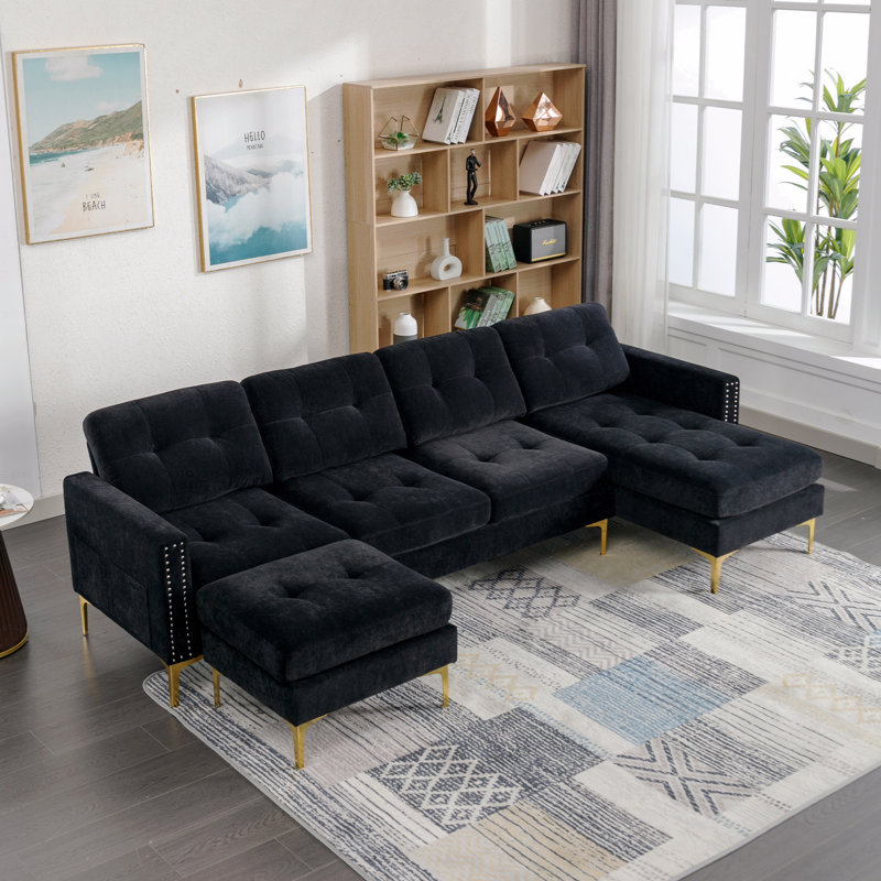 Canapé modulaire Basic, canapé convertible en forme de L de 110,6 po avec repose-pieds mobile