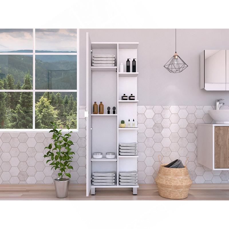Armoire de coin, cinq tablettes ouvertes, une porte, finition blanche, Blanc