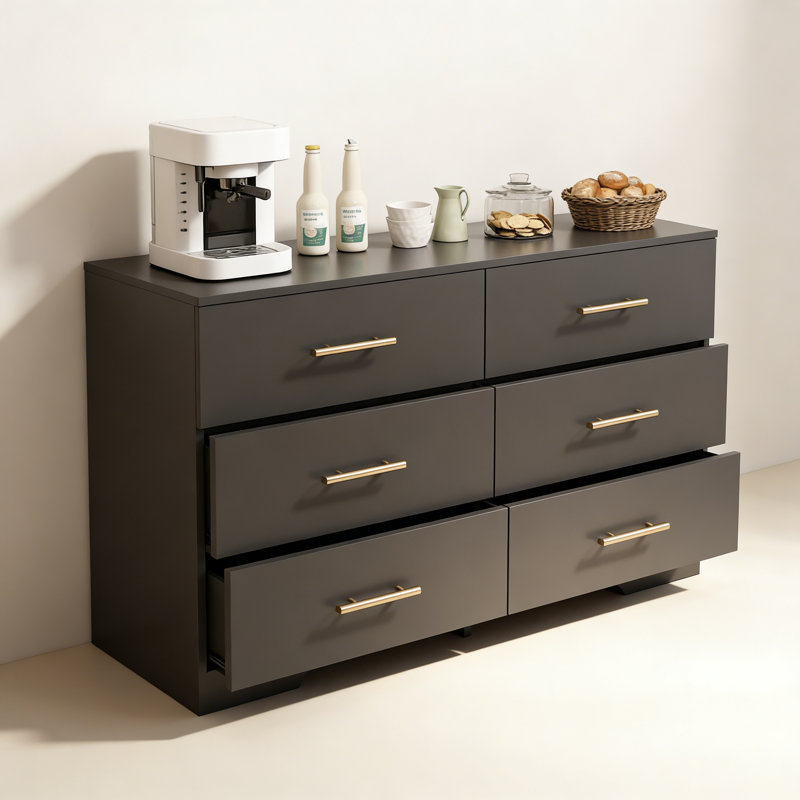 Commode 6 tiroirs avec poignée dorée, Noir