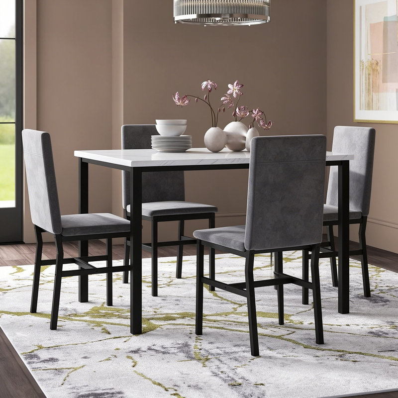 Ensemble repas 5 pièces avec chaises rembourrées en velours Janece, Marbre blanc / velours bleu, gris
