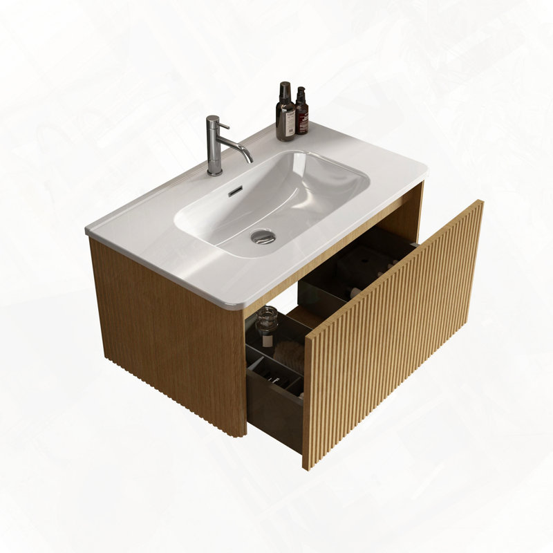 Meuble-lavabo mural avec lavabo en céramique et tiroir à ouverture par pression