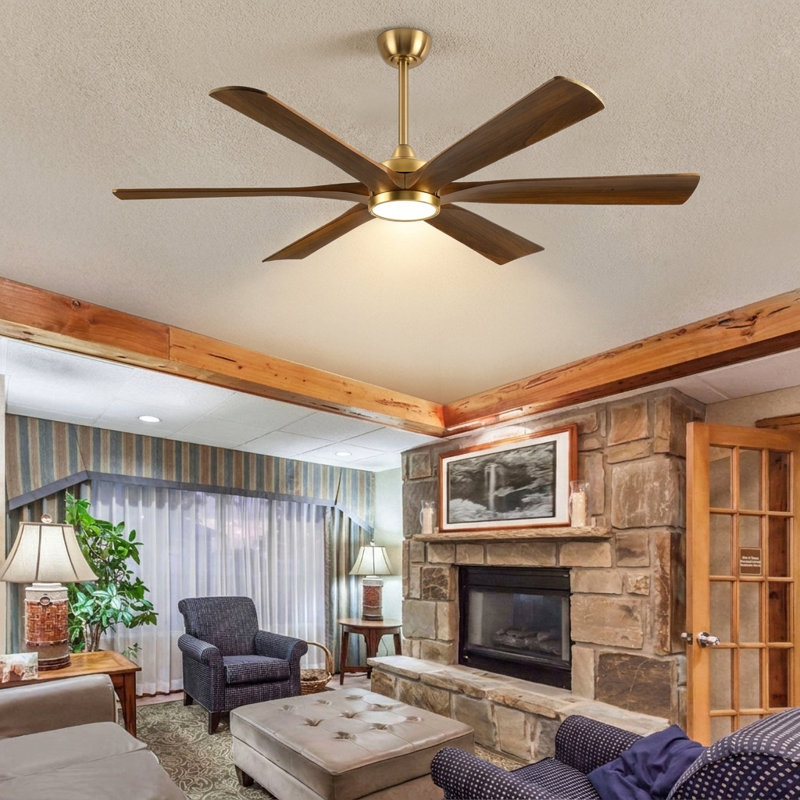 Ventilateur de plafond en bois massif à 6 pales avec finition dorée, contrôle intelligent de l'application, moteur réversible à courant continu, lumière DEL 3 couleurs et fonctionnement silencieux à 6 vitesses (tiges verticales de 6 po / 12 po / 24 po)