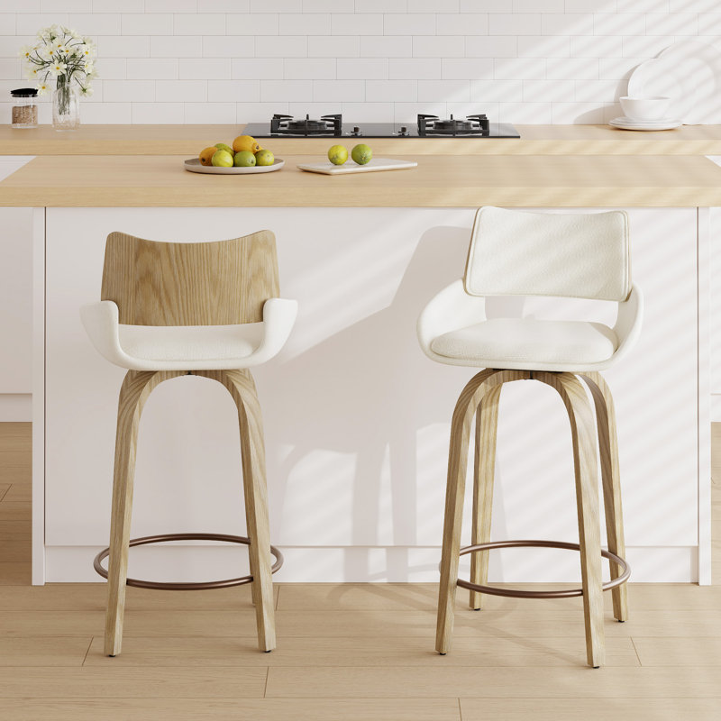 26'' Modern Swivel Upholstered Counter Stool With Bentwood Legs, Beige Seat/Natural Frame