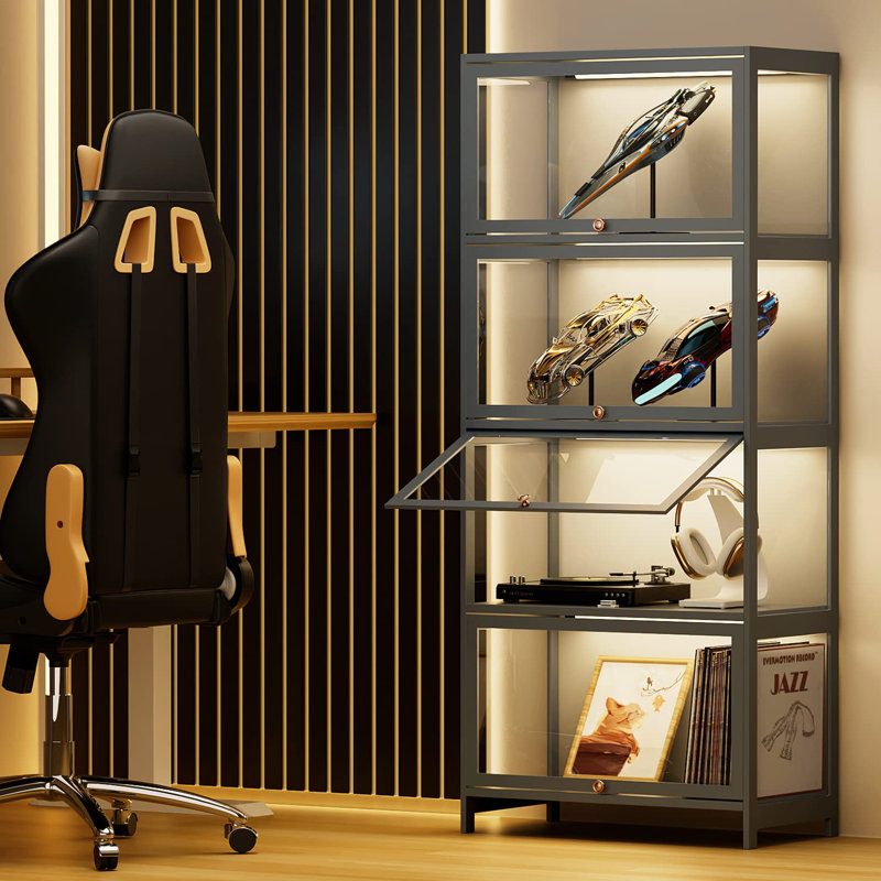 Modern Gray 4-Tier Bamboo and Acrylic Display Cabinet