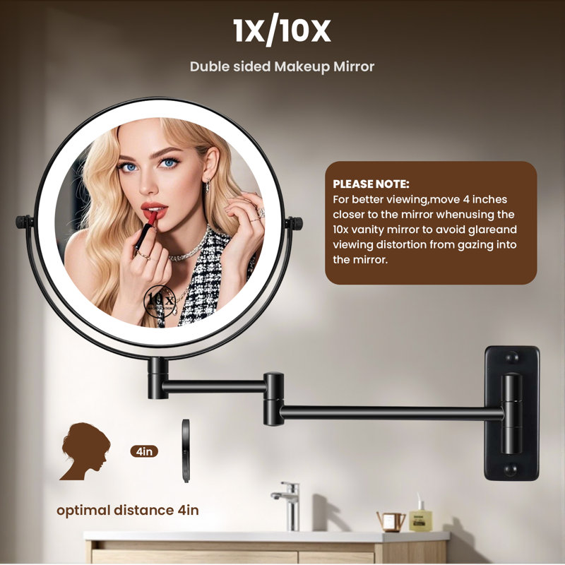 Miroir de maquillage mural 8 po à DEL, miroir de meuble-lavabo grossissant 1x / 10x avec bras pivotant et extensible à 360 °, à piles ou à brancher
