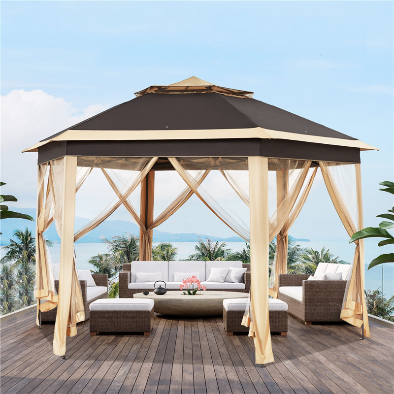 13 Ft. W x 11 Ft. D  Slolar Powered Metal Patio Gazebo with Sidewalls, Brown/Khaki