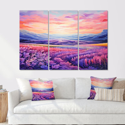 Magnifique coucher de soleil sur des champs de lavande - ensemble d'art mural champs de lavande