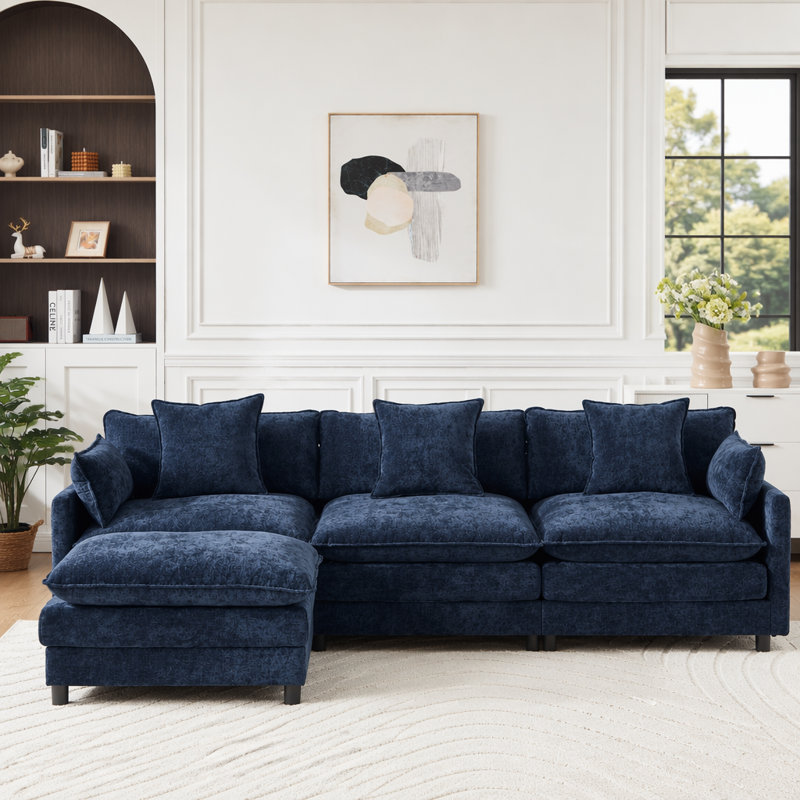 Canapé modulaire en forme de L 108 po en forme de nuage avec repose-pieds et siège profond en chenille 4 places 108 po, Bleu