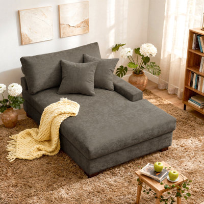 Oversized Upholstered Camel Chenille Chaise Lounge with Armrests & Throw Pillows
