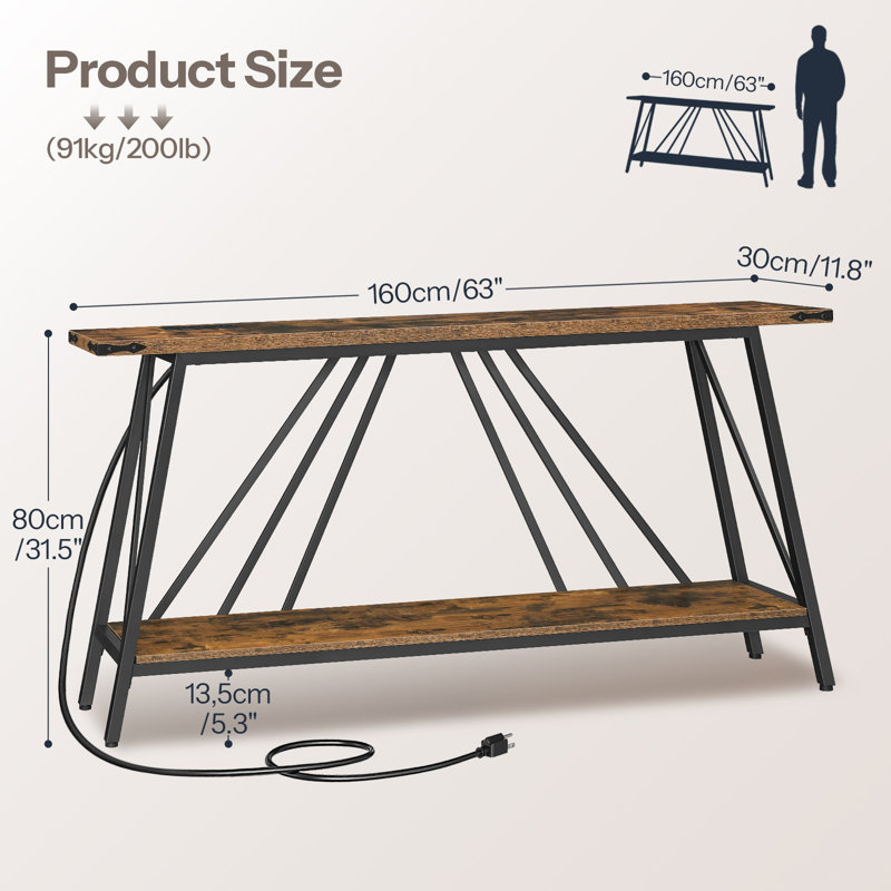 Durdham Console Table Entryway Table with Charging Station, Brown, 31.5" H x 63" W x 11.8" D