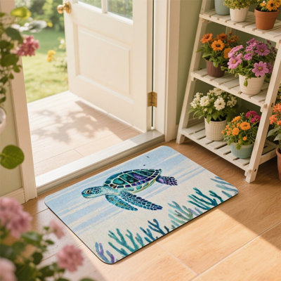 Paillasson Blue Sea Turtle Coral pour l'extérieur et l'intérieur, 36 x 24 pouces