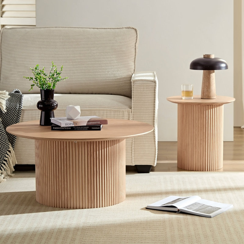 Set Of 2 Round Side Table And Coffee Table Circle Small Accent Table For Living Room Mid Century Circle Table Oak
