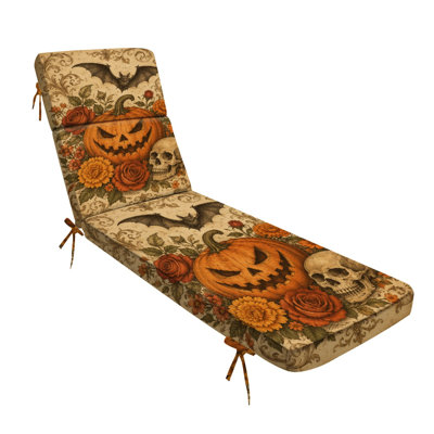 Coussin de chaise longue d'intérieur/extérieur de 72,5 po L × 21 po l × 3 po P (siège), épaisseur 3 po, motif vintage citrouille, chauve-souris, crâne et fleurs d'automne gothique, résistant à l'eau, pour mobilier de patio.