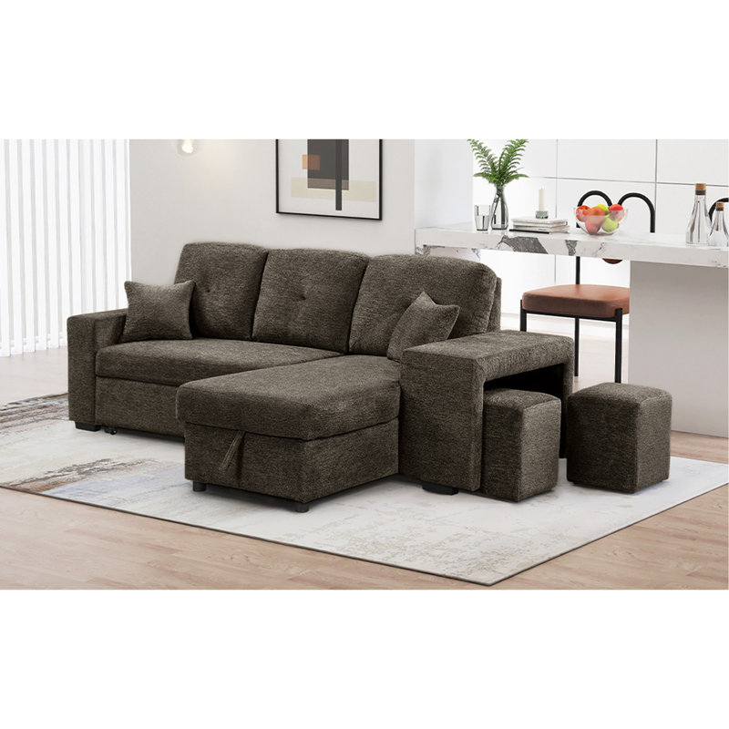 Canapé-lit modulaire réversible avec tablette latérale et 2 tabourets, canapé-lit coulissant en L, canapé-lit d'angle avec méridienne de rangement gauche / droite pour le salon, gris anthracite Knox