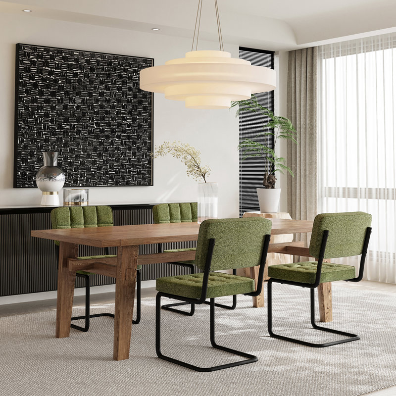 Mid-Century Modern Velvet Upholstered Cantilever Dining Chairs with Armless Design and Metal Frame (Set of 4), Plaid Green
