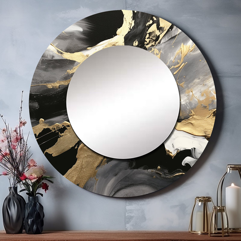 Sineke Exploration des profondeurs de marbre doré IV - miroir mural géométrique unique, miroir rond moderne, impression d'art en métal