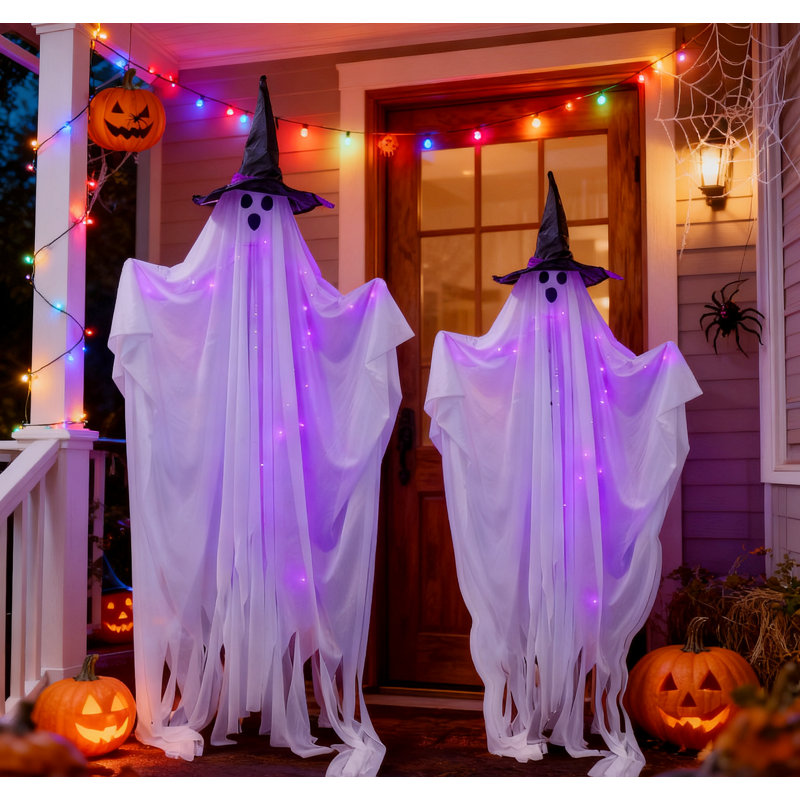 Ensemble de 2 fantômes d'Halloween debout illuminés Spooky - Décoration intérieure / extérieure pour les porches, la cour, la fête et la pelouse