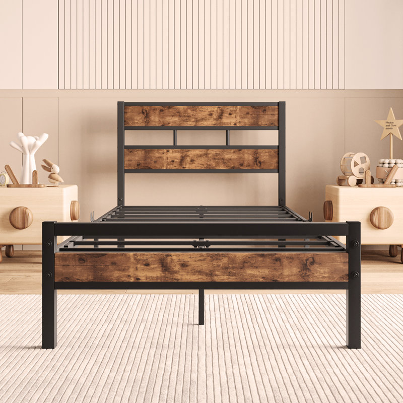Platform Bed Frame with Rustic Vintage Wood Headboard, No Box Spring Needed, Full, Rustic Brown/Black