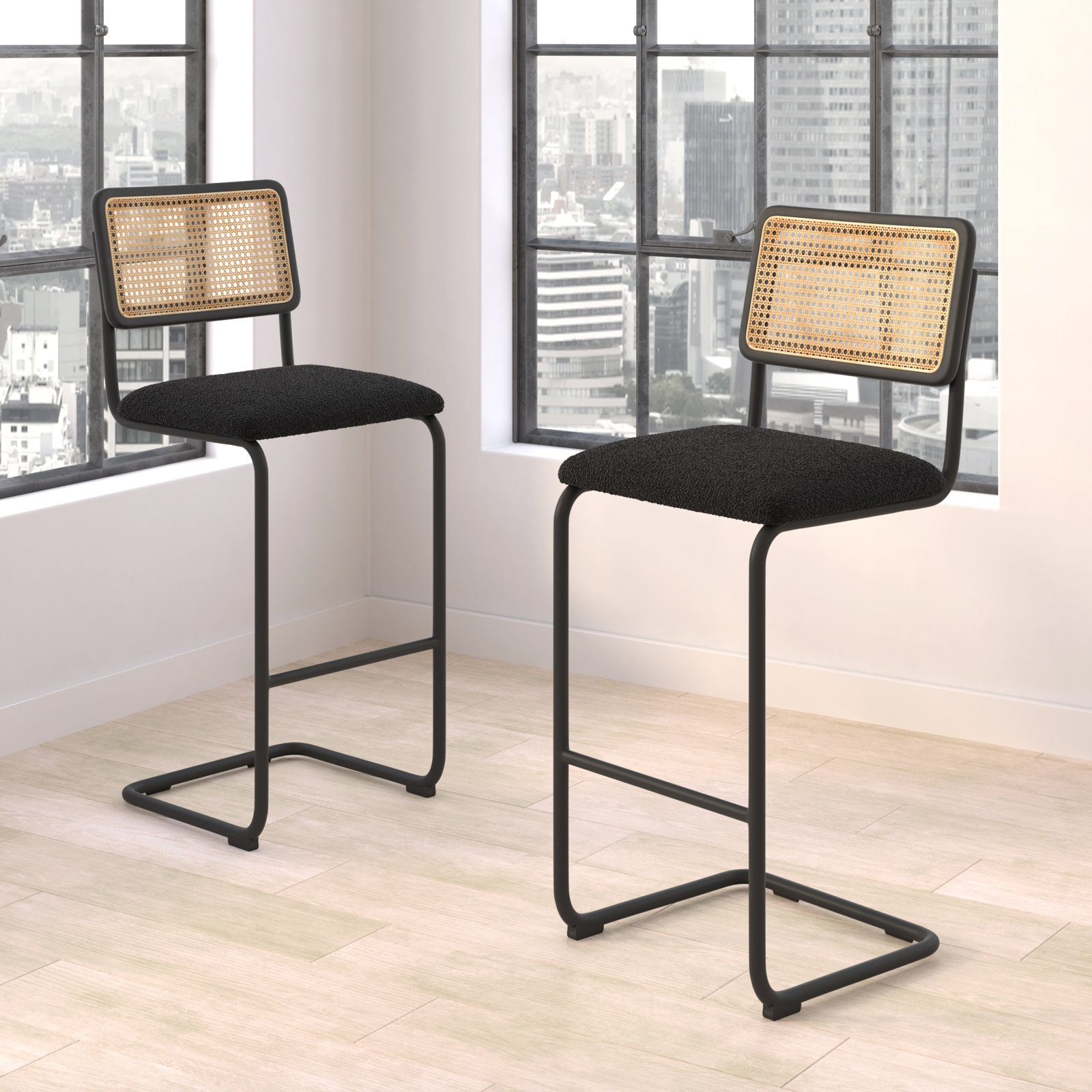 Walsh Bar Stool, Bar Stool (30” Seat Height), Black Boucle/ Black Frame