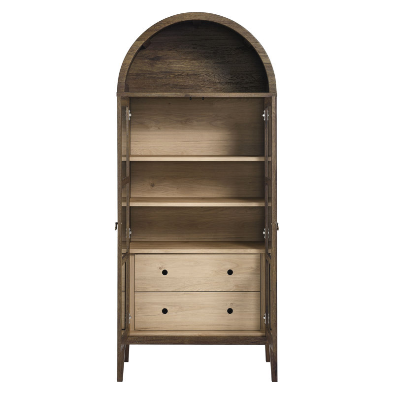 Nolan Walnut Hickory Arched Storage Display Cabinet with Glass Doors