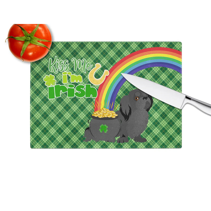 Black Pekingese St. Patrick's Day Tempered Glass Cutting Board – Decorative Large Size Chopping Board For Serving