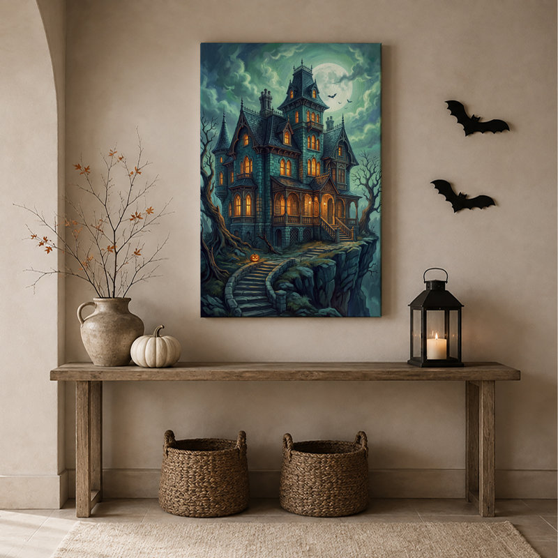 Manoir gothique hanté sur une falaise avec pleine lune - Toile murale d'Halloween, H 18 po x l 12 po