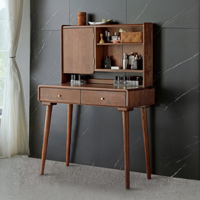 Coiffeuse en bois de frêne massif avec miroir, huche et 2 tiroirs