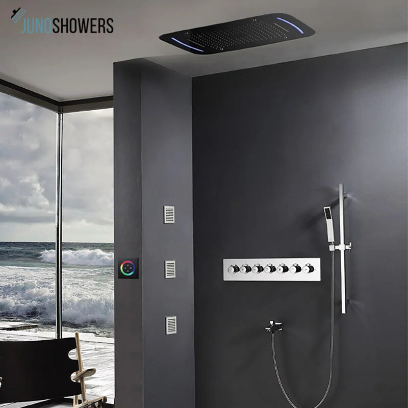 Matte Black Finish Shower Faucet with Thermostatic Valve and Flexible Handheld Spray