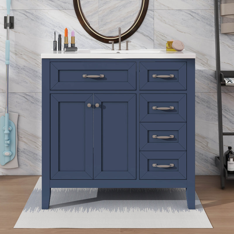 Meuble-lavabo simple 36 po avec tiroirs pratiques, Bleu, Argent argent